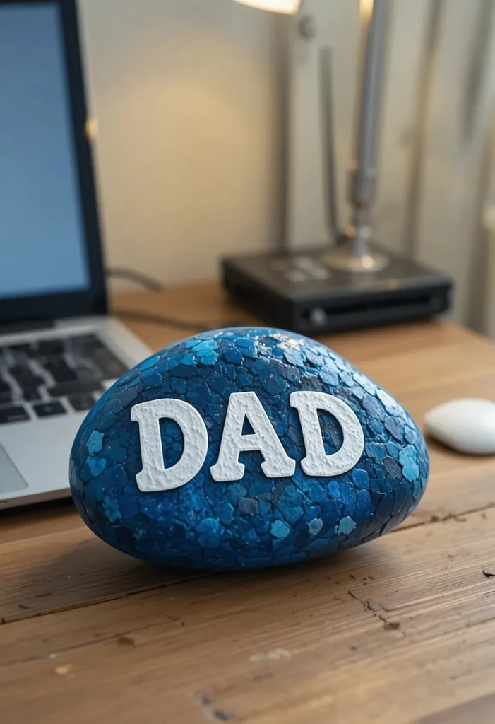 Painted rock paperweight fathers day gift for kids to make with DAD written in white letters
