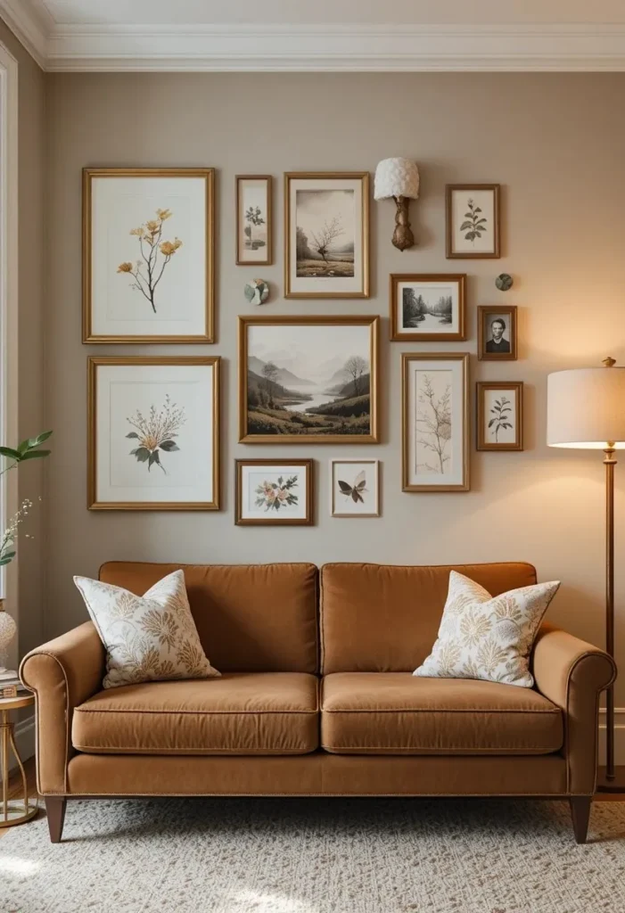  Cozy gallery wall above brown sofa with mismatched gold and wood frames botanical prints vintage art and warm ambient lighting