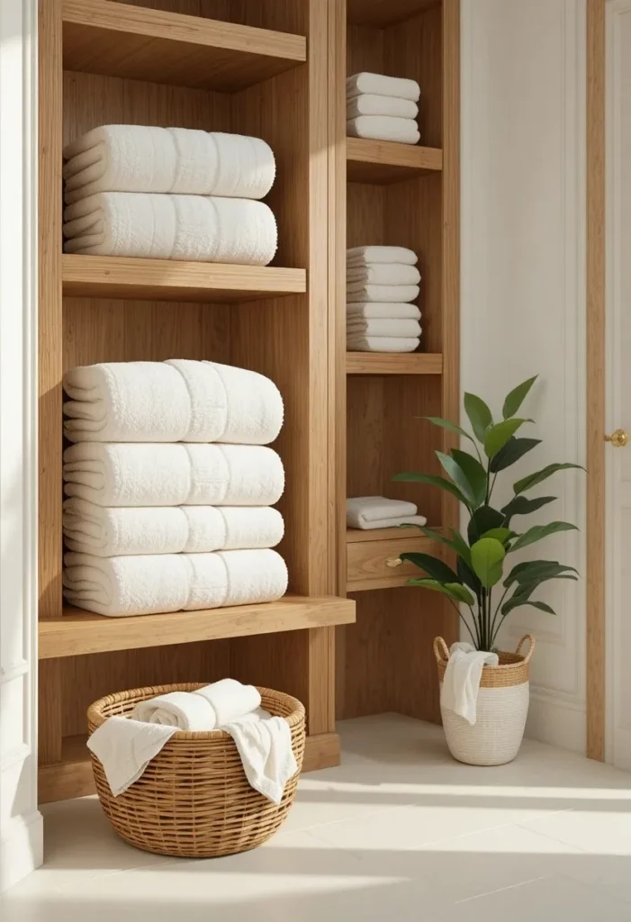 Thick white fluffy towels folded on wooden shelves and rolled in wicker basket in a spa like bathroom