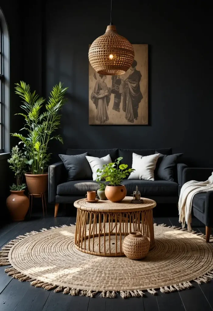  Black living room with rattan coffee table jute rug woven pendant light and trailing green plants