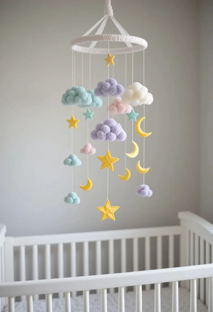 Handmade pastel pipe cleaner nursery mobile with clouds stars and crescent moons in lavender mint and yellow hanging above a white wooden baby crib.