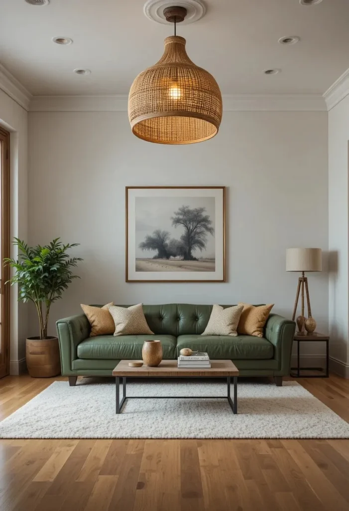 Green leather sofa beneath a rattan pendant statement ceiling light creating a warm beautifully designed living room
