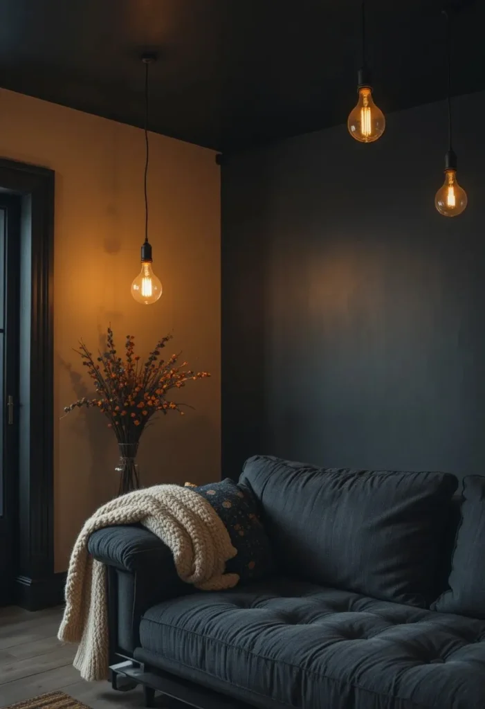 Black painted ceiling with Edison pendant lights cream walls and charcoal sofa cozy living room
