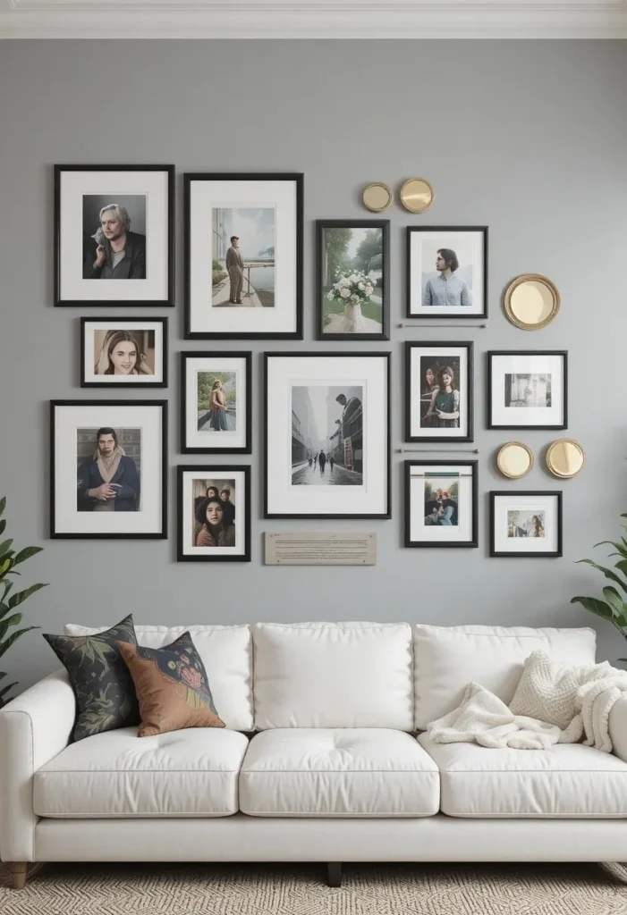 Living room gallery wall with mixed frames art prints and mirrors above white sofa

