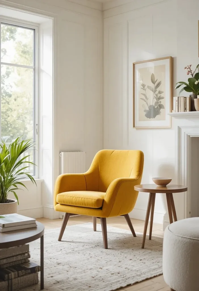"Mustard yellow mid century modern accent chair with wooden legs in a clean minimal living room"