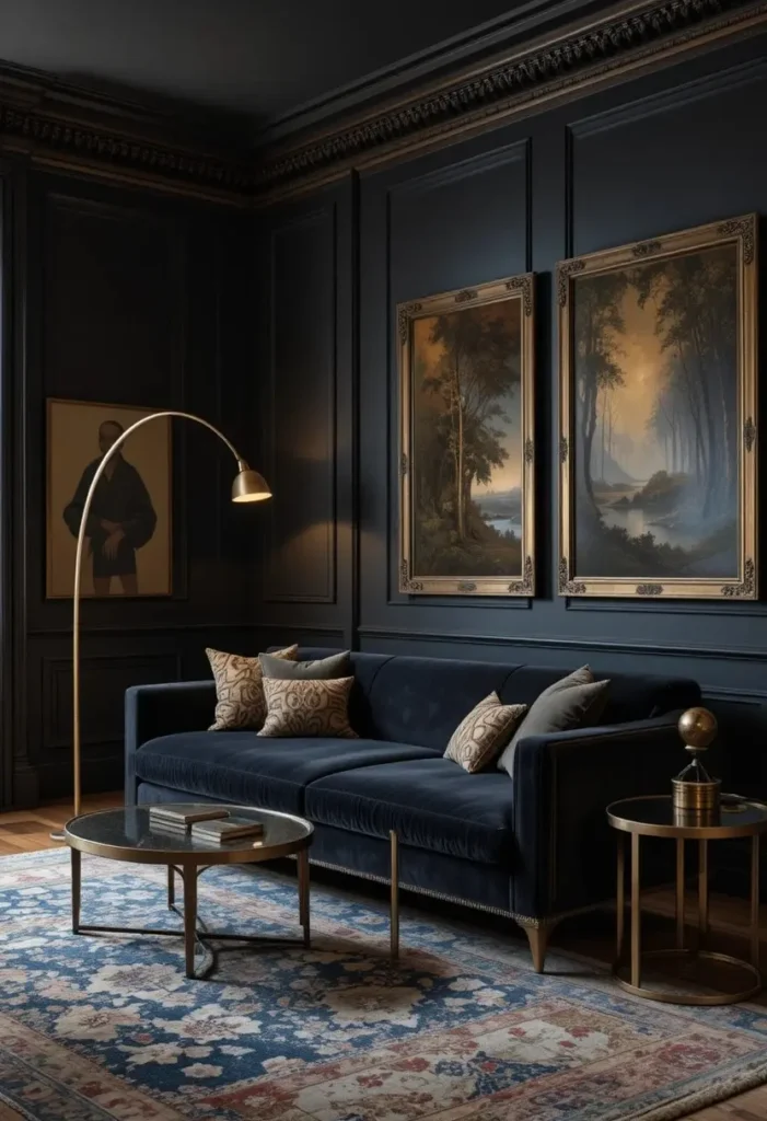 Black walls with brass floor lamp gold frames and velvet sofa in luxury living room
