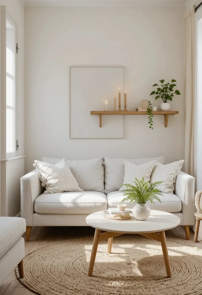 Tiny living room with warm white walls, cream sofa, jute rug, and minimal decor showing how a light neutral color palette makes a small space feel open and airy.