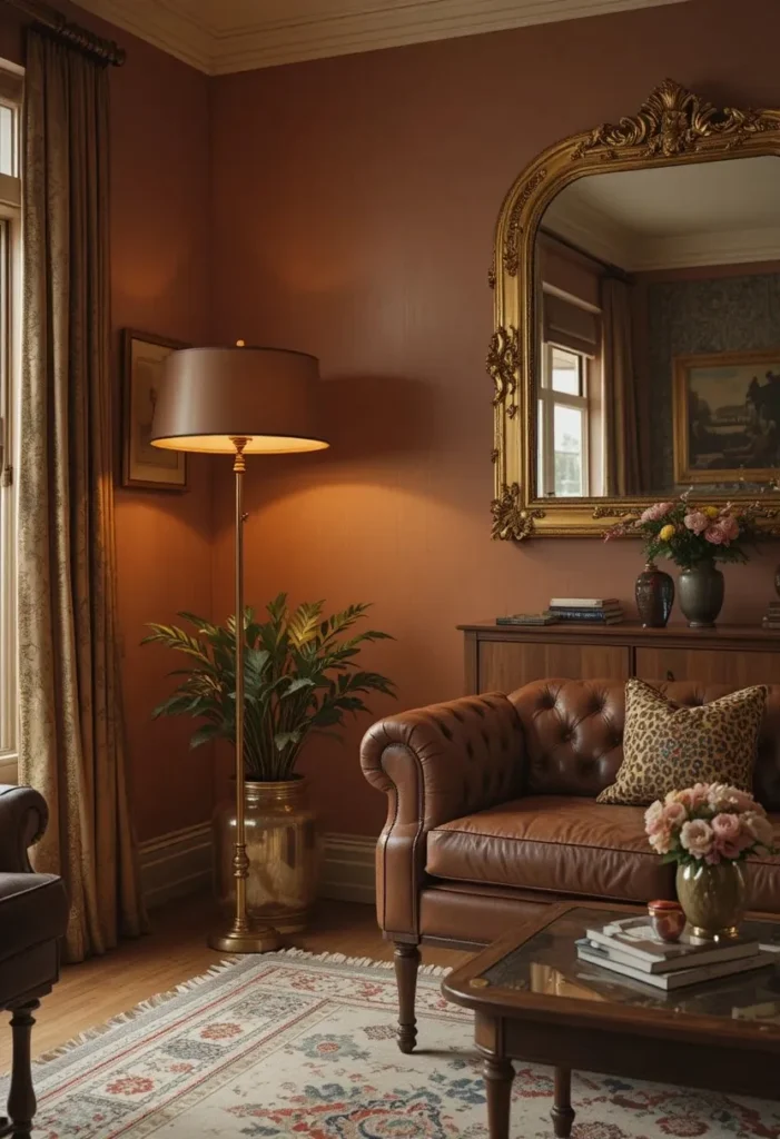 Brass and gold accents in a 70s style living room