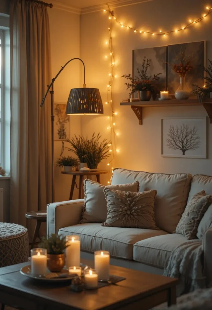 Cozy small living room with layered warm lighting including floor lamp, table lamp, and string lights creating a golden inviting evening atmosphere.
