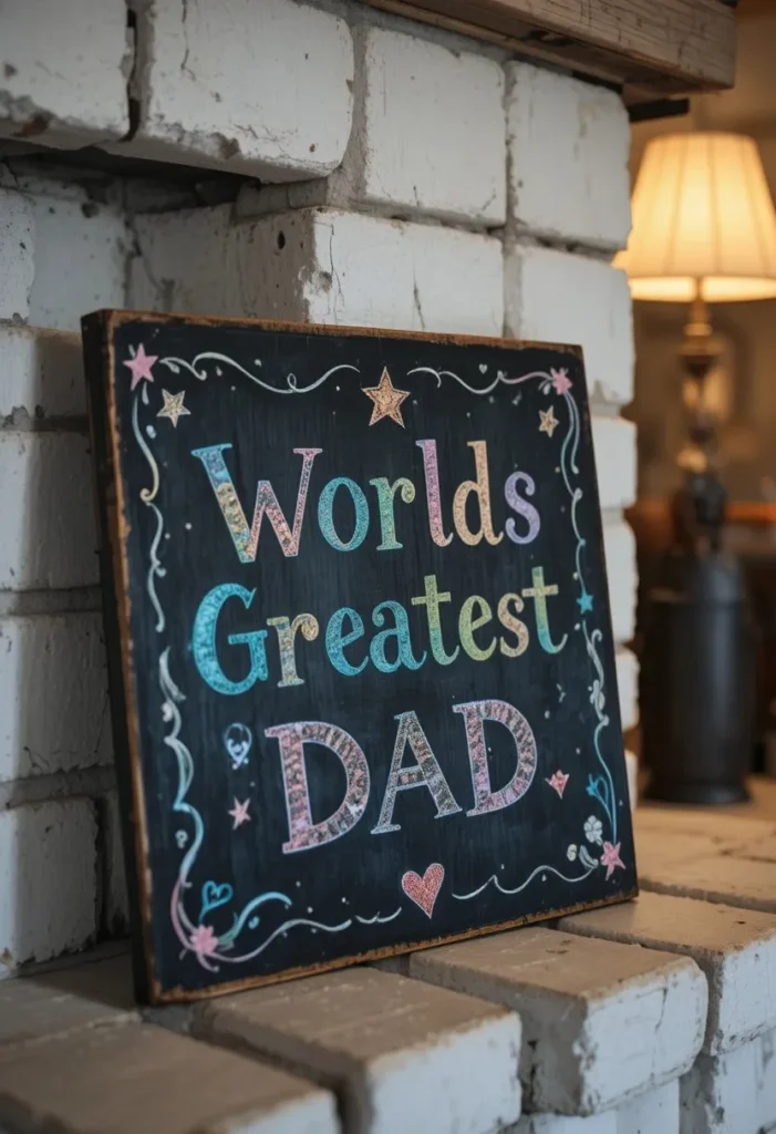 A small black chalkboard painted wooden sign leaning against a white brick fireplace mantle. Worlds Greatest Dad written in colorful chalk markers with small hand drawn stars and hearts around the border. Warm living room lamp light glowing softly behind.