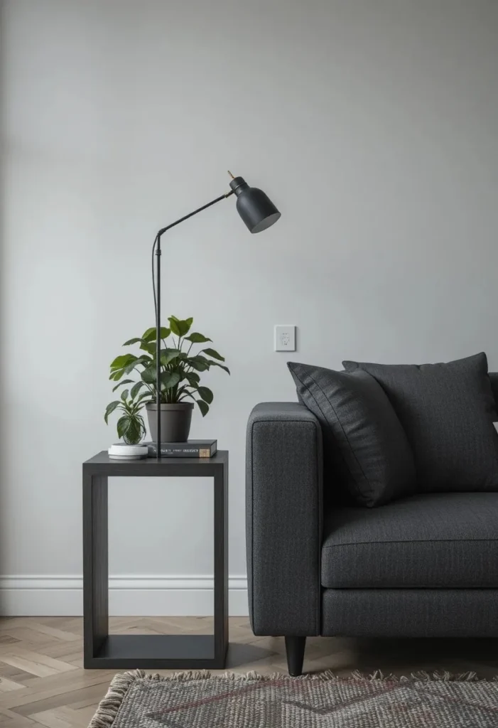 A tall narrow dark wood side table beside a high charcoal sofa with a slim lamp and trailing plant in a moody modern living room.