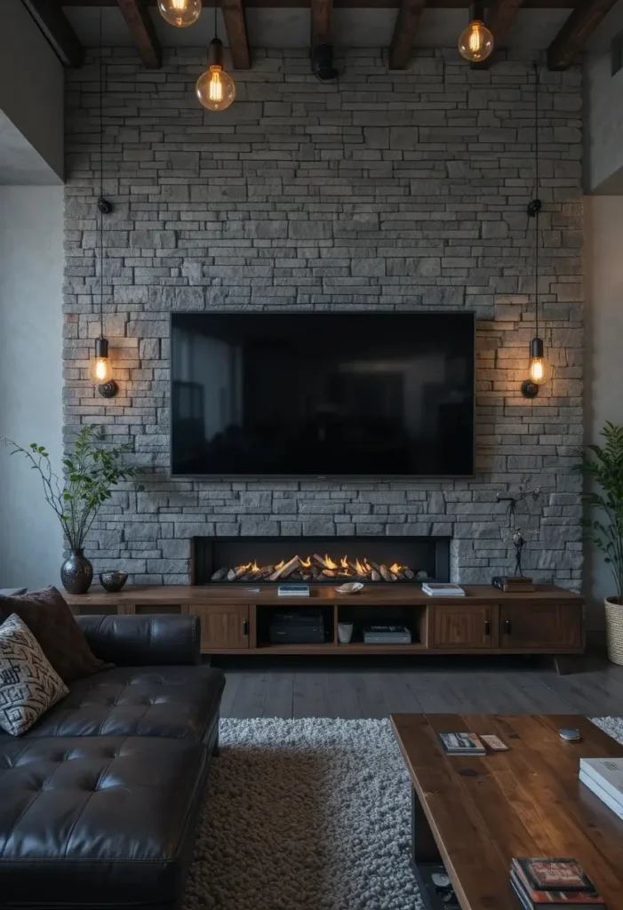 Grey stone veneer accent wall behind TV in a rustic industrial living room with warm lighting
