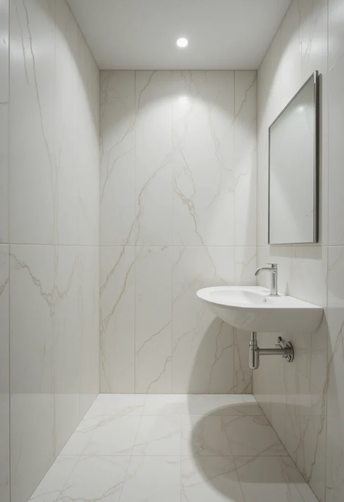 Large white tiles with light cream grout in small full bathroom creating a seamless and clean wall surface