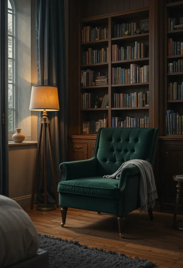 Cozy reading nook in men bedroom with green velvet chair floor lamp and bookshelf
