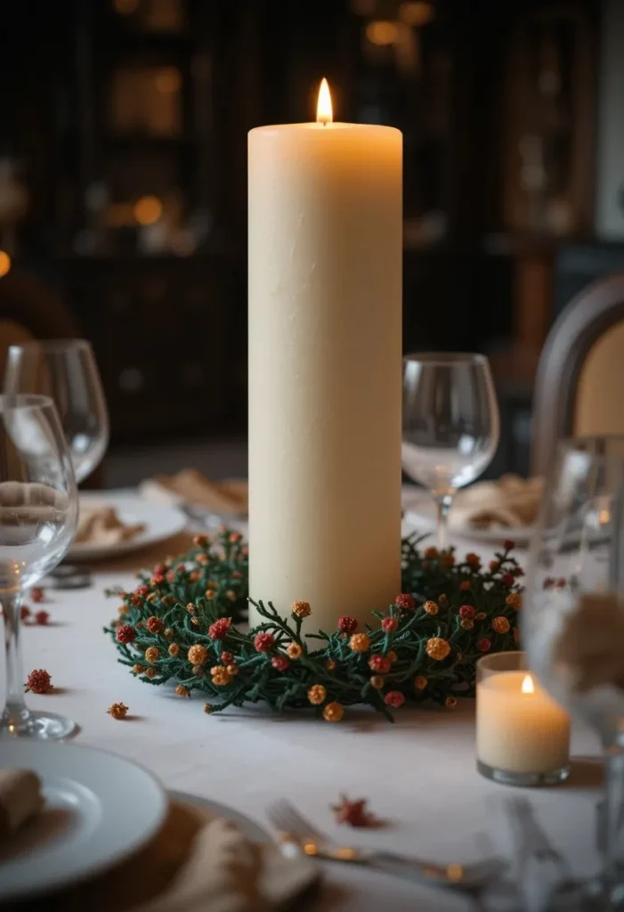 Green pipe cleaner candle ring centerpiece with red and gold flower accents surrounding a cream pillar candle in warm intimate candlelight on a dining table.