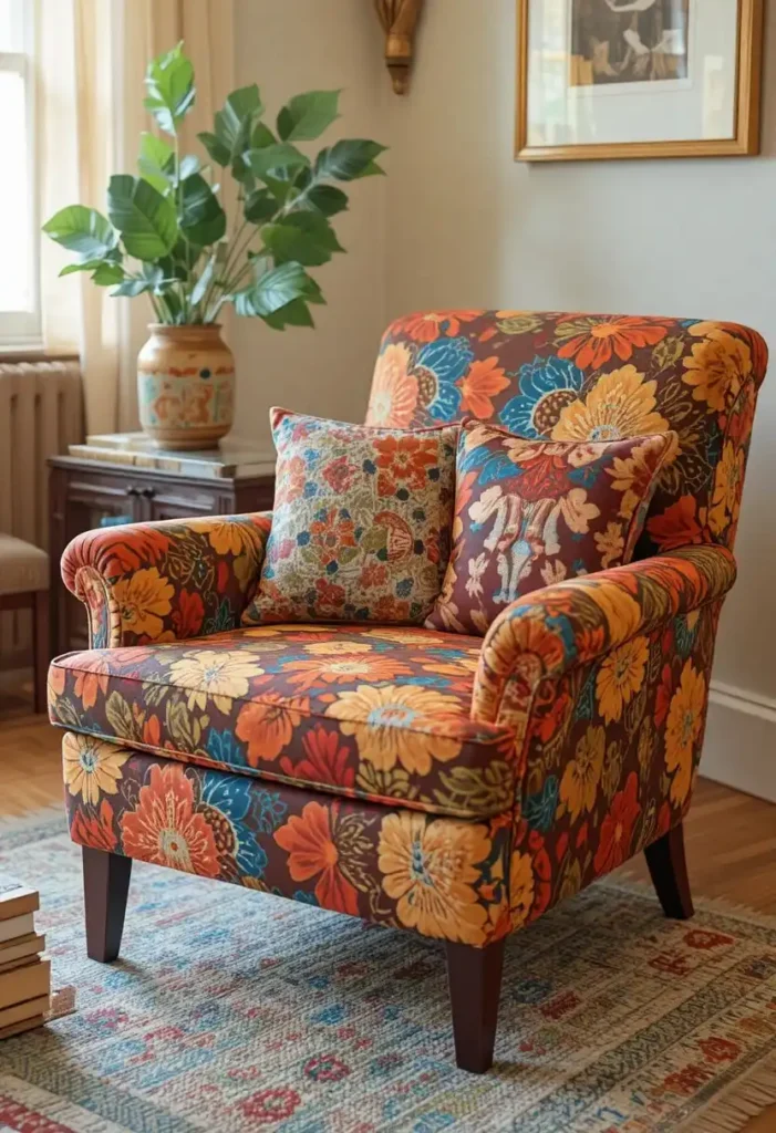 Bold geometric and floral patterns in 70s living room decor