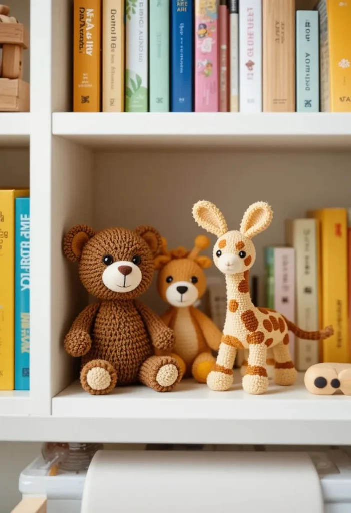 Small handmade pipe cleaner animals including teddy bear bunny and giraffe displayed on a colorful kids room bookshelf
