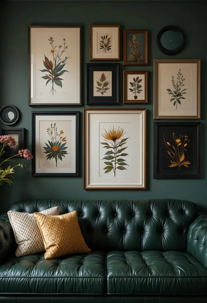 Green leather couch with a curated gallery wall of botanical prints black gold frames and small mirrors behind it