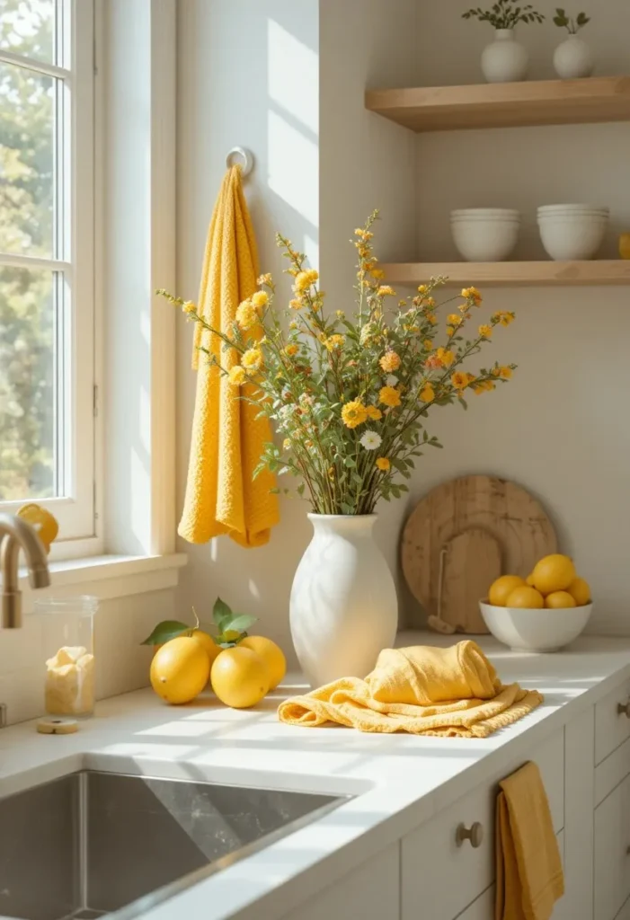 Yellow kitchen decor details including lemons, flowers, and towels on a clean countertop.
