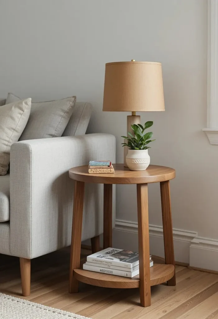 A round walnut wood living room side table with a lamp and plant beside a grey sofa in a cozy neutral interior.