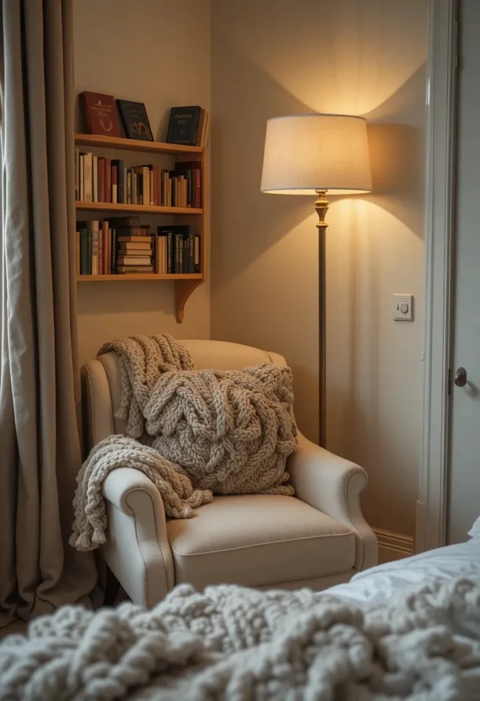 warm greige bedroom walls with linen curtains and natural wood furniture
