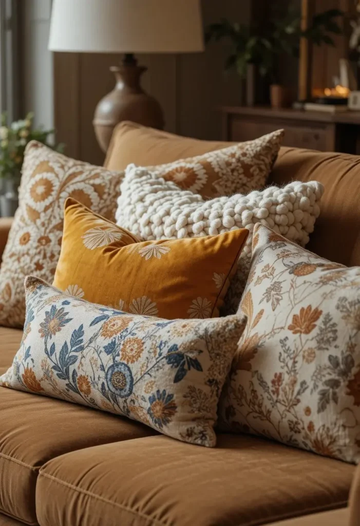 : Brown couch styled with five mixed texture throw pillows in mustard velvet rust geometric cream knit and woven caramel tones