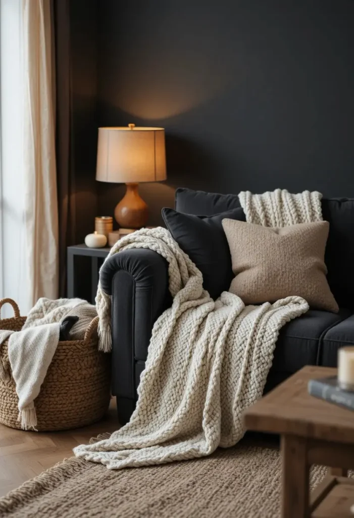 Black living room with cream chunky knit throw charcoal sofa woven basket and warm amber lamp cozy hygge style
