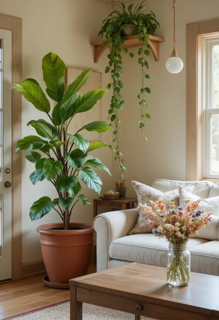 Farmhouse living room with tall fiddle leaf fig in terracotta pot trailing pothos on wood shelf and dried wildflowers in mason jar