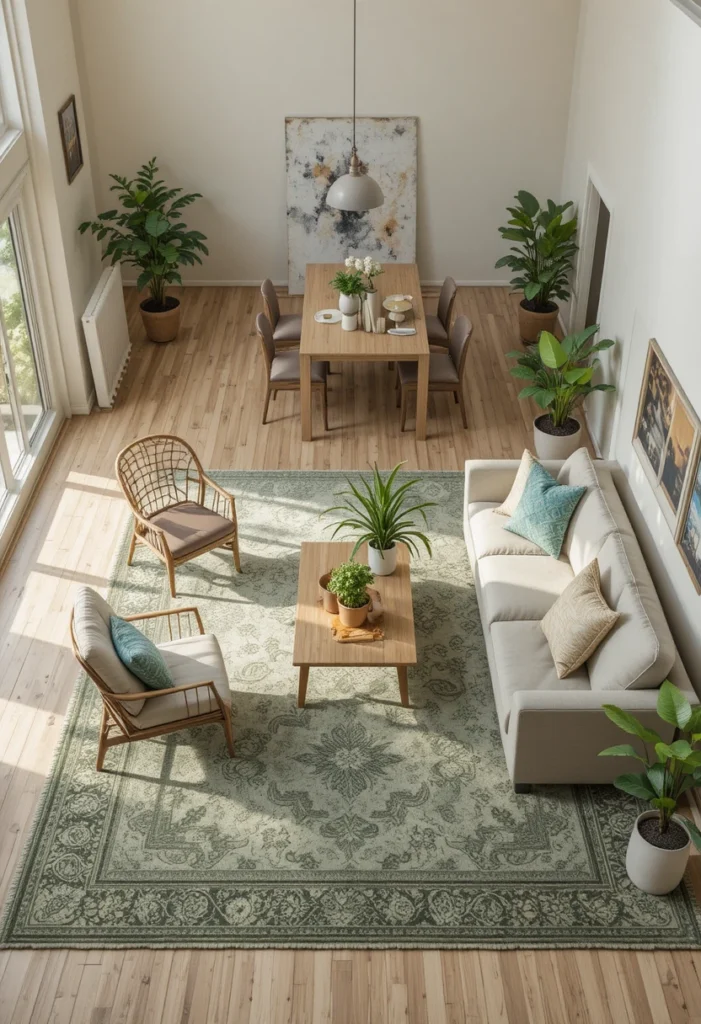 Sage green area rug defining the seating zone in a small open plan living room visually separating it from the dining area with warmth and style.
