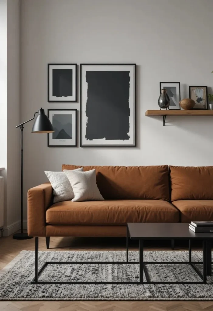  Brown couch with black metal coffee table matte black floor lamp black frames and modern accents in contemporary living room