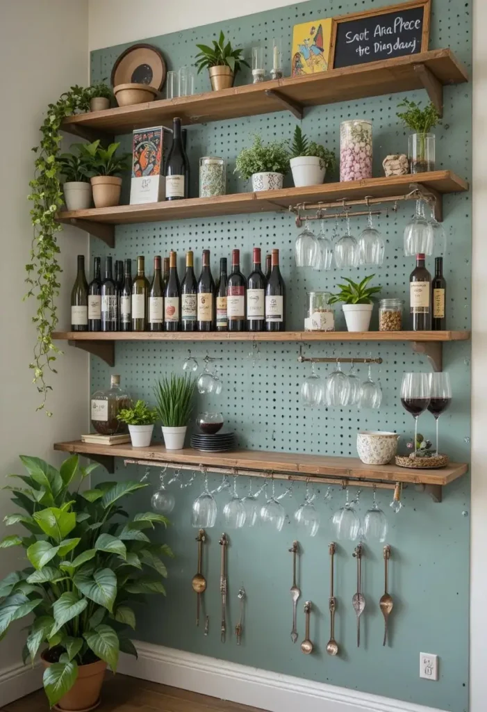 Sage green pegboard wine rack wall with adjustable storage and hanging glasses.
