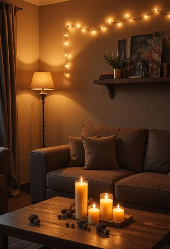 Brown couch living room at evening with warm amber floor lamp Edison string lights and flickering pillar candles for cozy ambiance