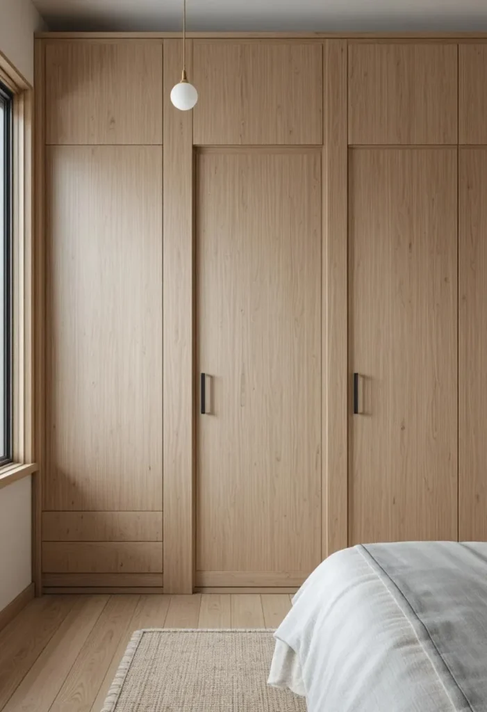 Japandi-style wardrobe with natural wood and minimalist design
