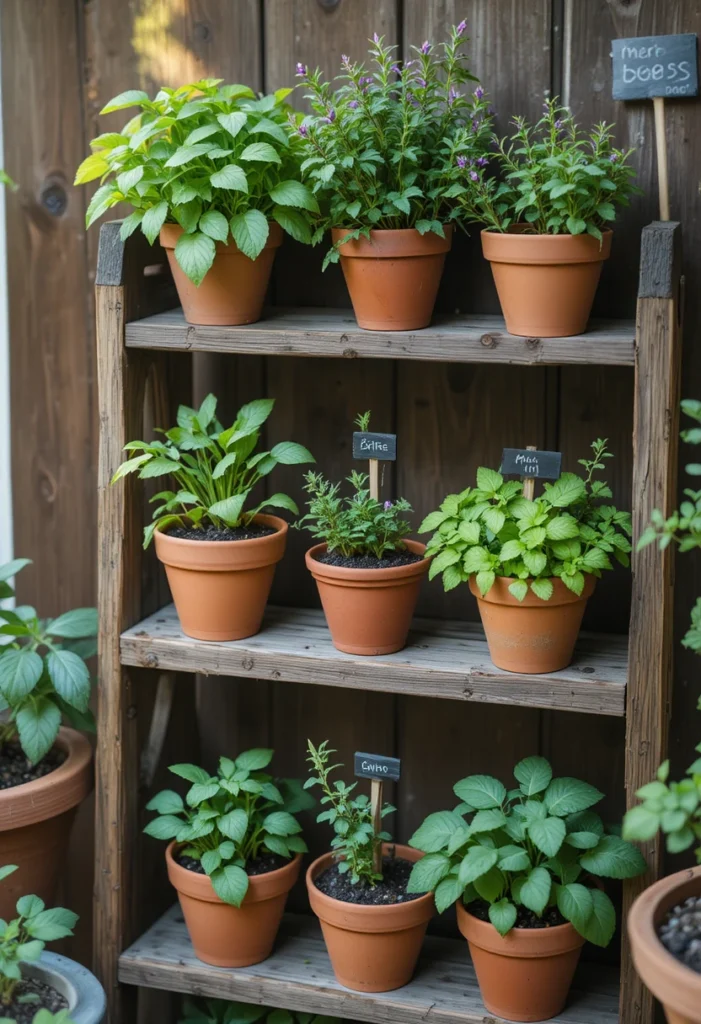 Patio herb garden corner with labeled terracotta pots of basil rosemary mint and thyme on a wooden shelf