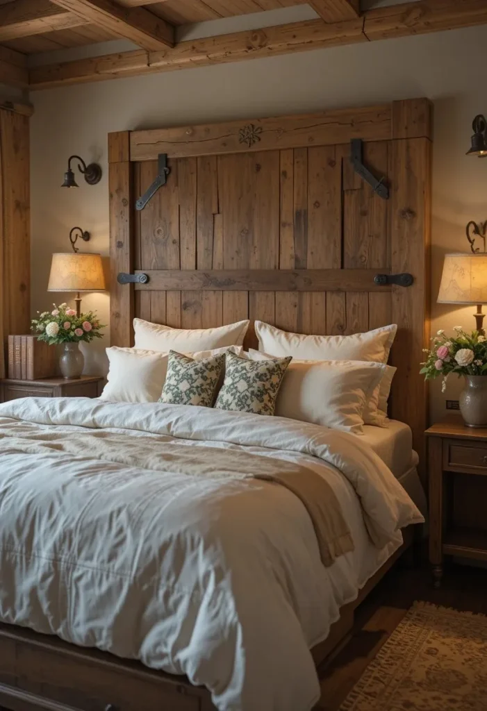 Rustic bedroom with reclaimed wood headboard and cozy neutral bedding
