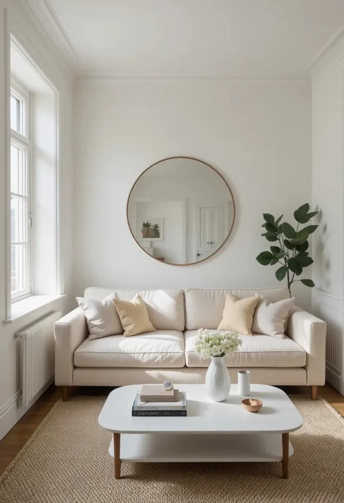  Minimal tiny apartment living room with a cream sofa single mirror and carefully edited decor showing how less is more in a small living space.