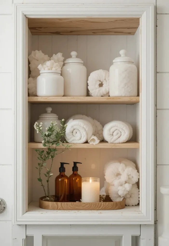 Organized open bathroom shelf with ceramic jars amber bottles white towels and green plant in spa like styling
