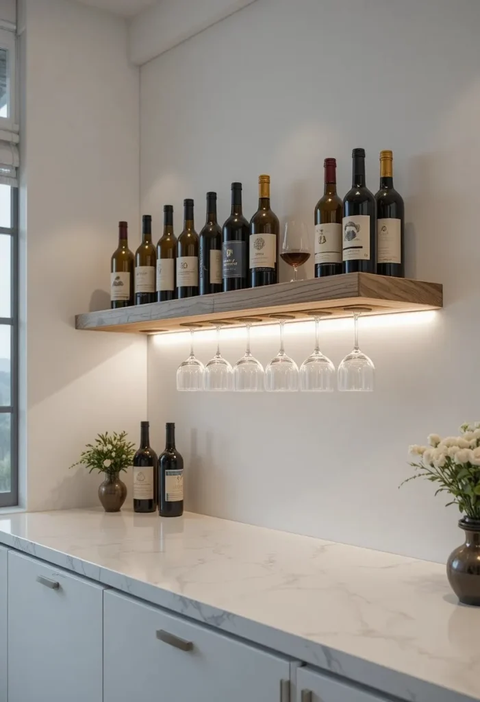 Industrial pipe wall wine rack with black metal pipes and reclaimed wood against an exposed brick wall.
