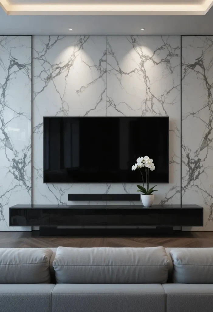 Luxurious white marble panel TV wall with grey veining and minimal decor in an elegant modern living room
