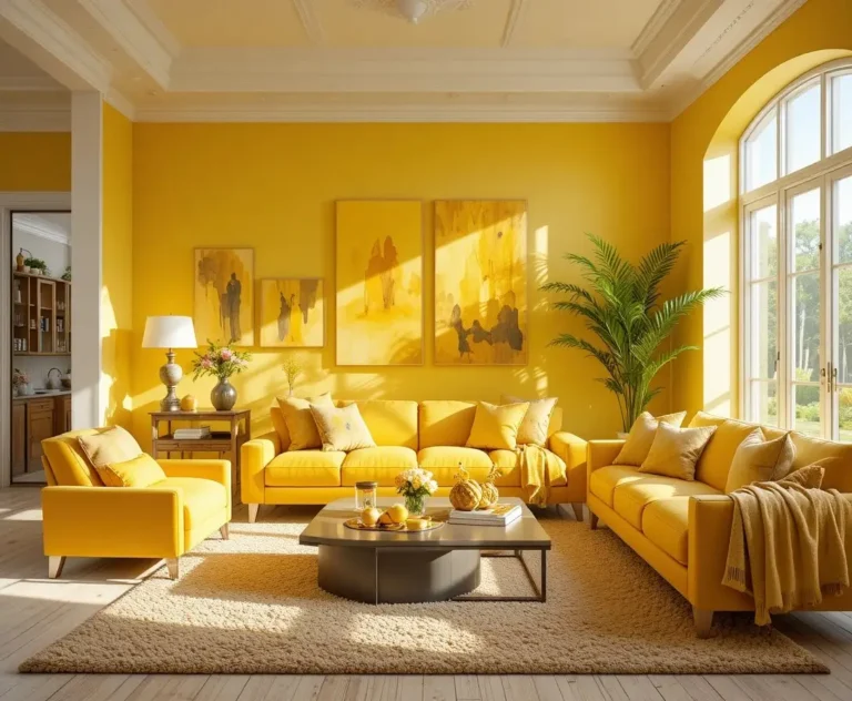 Stylish yellow living room filled with warm sunshine-inspired decor ideas.