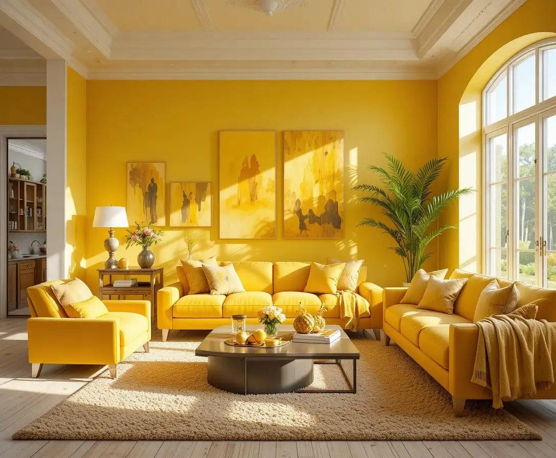 Stylish yellow living room filled with warm sunshine-inspired decor ideas.