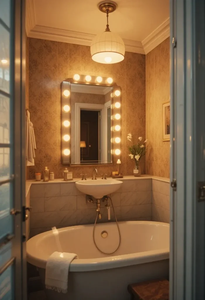 Layered warm lighting in small full bathroom with vanity bulbs ceiling light and candle for spa like ambiance