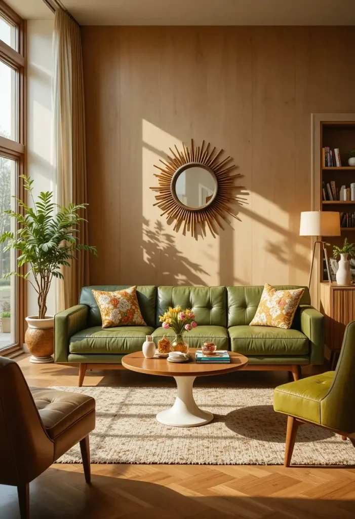 Green leather couch with tapered wooden legs sunburst mirror and walnut furniture in a mid century modern living room