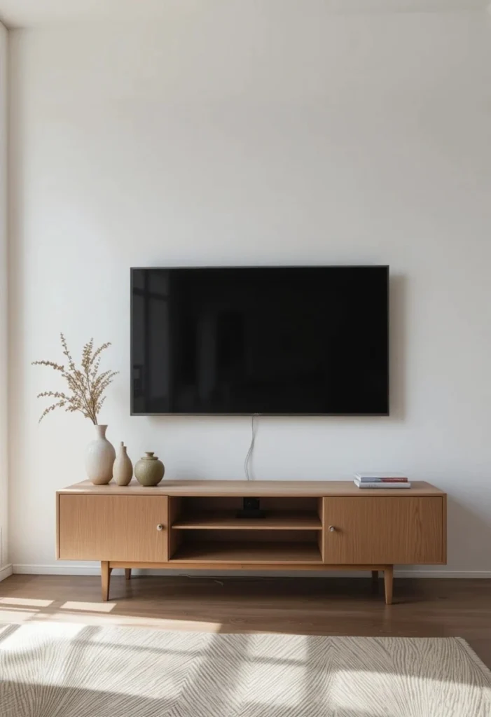 Minimalist white wall with TV on invisible mount and natural oak console in a Japandi style living room