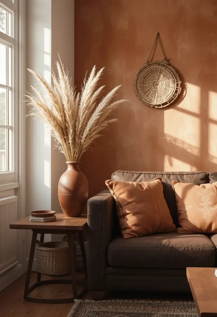 Brown couch living room with terracotta cushions ceramic vase dried pampas grass and earthy terracotta accent wall