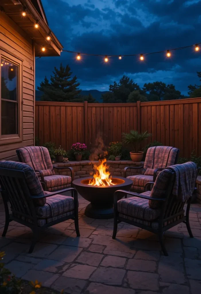 Cozy patio fire pit corner at night with glowing flames low chairs and warm throw blankets around it
