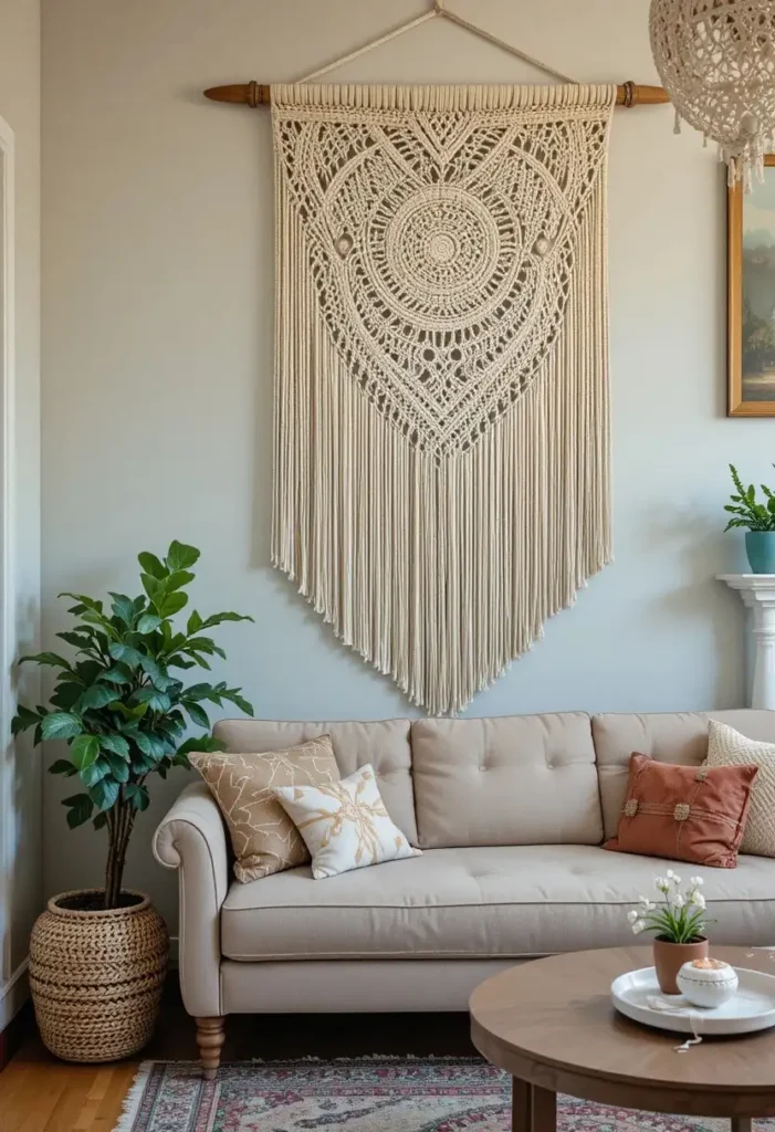 Macrame wall hanging in a bohemian 70s living room
