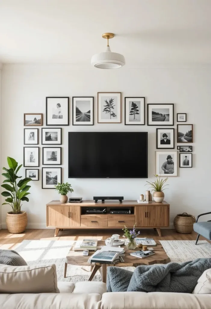 Gallery wall of art prints and photos surrounding a TV in a bright modern living room
