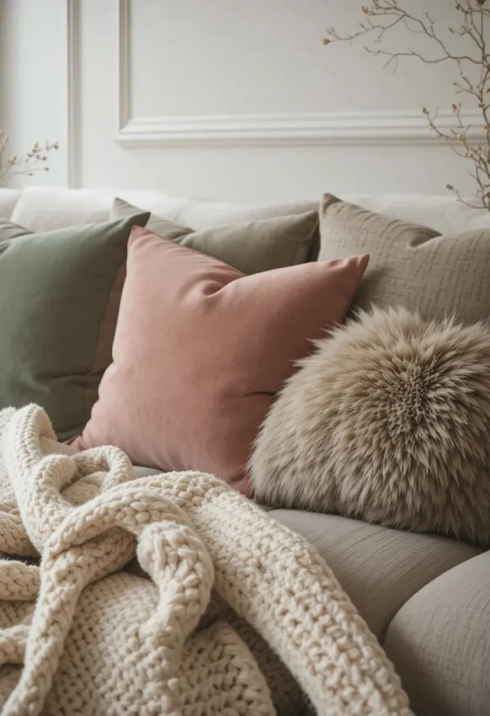 Cozy sofa styled with velvet cushions chunky knit throw and faux fur pillow layering