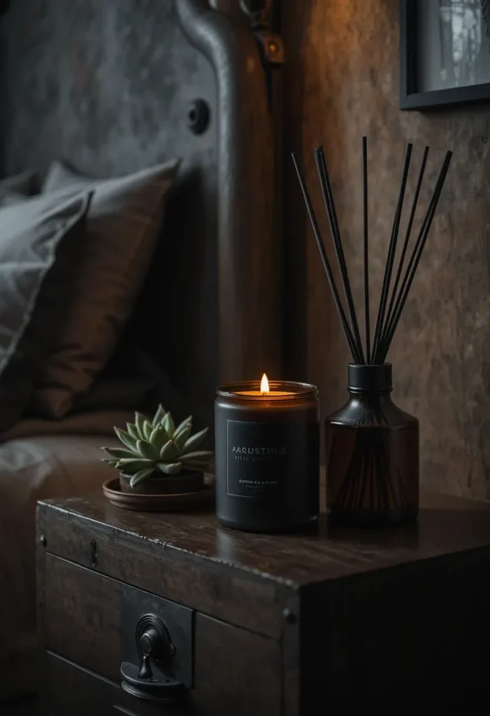 Men bedroom nightstand with lit black candle reed diffuser and small succulent plant
